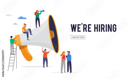 Join our team, we are hiring image, concept vector illustration of a group of young people with giant speech bubbles