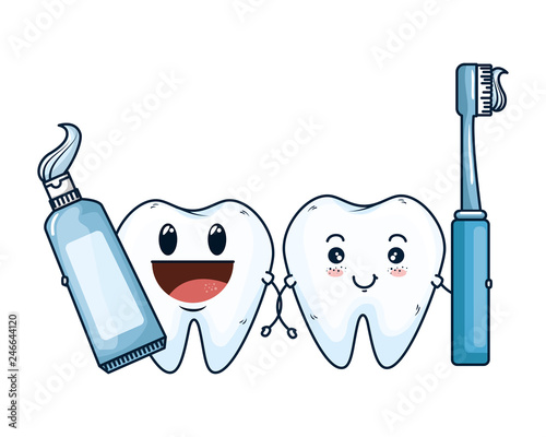 comic teeth couple with brush and paste characters