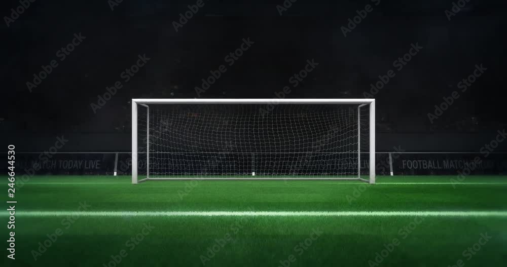 football goal gate with green grass and camera flashes zoom out front view behind, football stadium sport advertisement background, 4K animation with black end