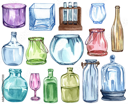 Watercolor set of glass bottle isolated on white. Transparent color glass bottle.