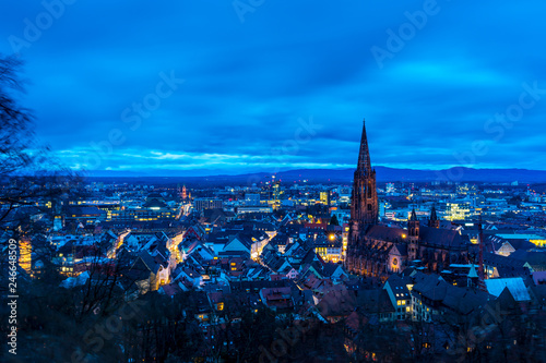 Germany, Minster church of freiburg im breisgau and city from above in magic blue hour mood