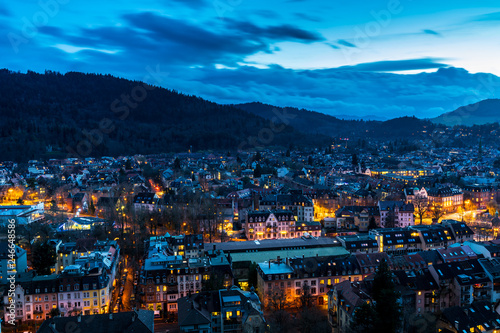 Germany, Houses and streets of city freiburg im breisgau in pretty blue hour light