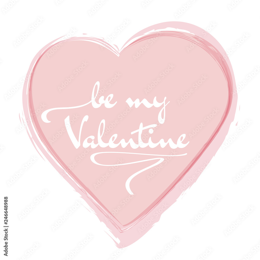 Be my Valentine celebration card design. Red heart with calligraphic text.