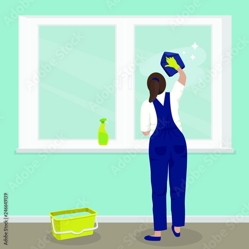 Woman in overalls uniform cleaning window with rag and cleanser. Flat vector illustration, eps 10