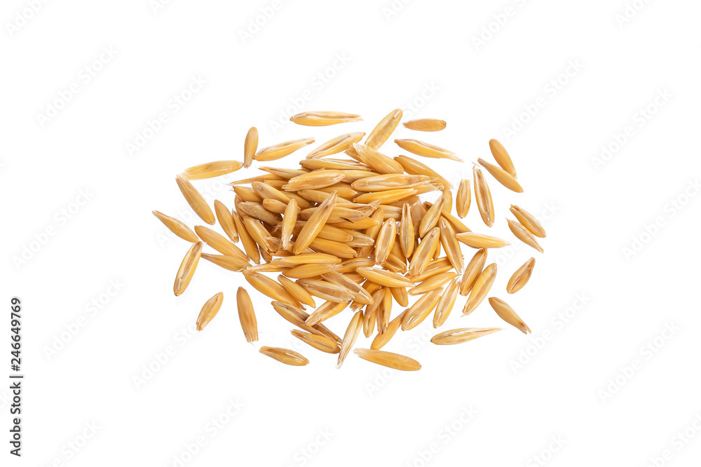 Pile of oat seeds isolated on white background, top view