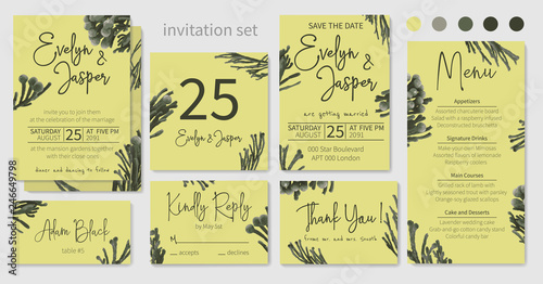 Set of wedding invitations, floral invitations, table, menu, thank you, rsvp card design. Decorative Brunia, dark green, branches. Vector elegant watercolor rustic, template
