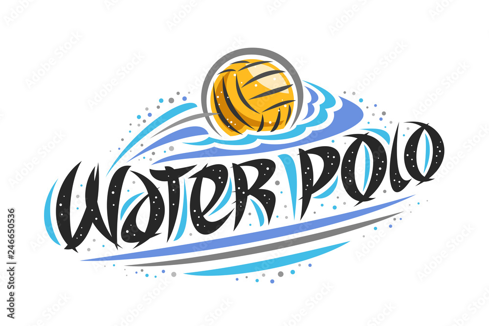 Vector logo for Water Polo, creative outline illustration of throwing ball  in goal, original decorative brush typeface for words water polo, simple  cartoon sports banner with lines and dots on white. Stock