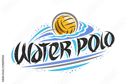 Vector logo for Water Polo, creative outline illustration of throwing ball in goal, original decorative brush typeface for words water polo, simple cartoon sports banner with lines and dots on white.