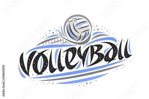 Obraz Logo wektor do siatkówki, zarys ilustracji rzuconej piłki w bramce, oryginalny krój pędzla dekoracyjnego do słowa siatkówki, abstrakcyjna uproszczona kreskówka sport transparent z linii i kropek na białym tle.