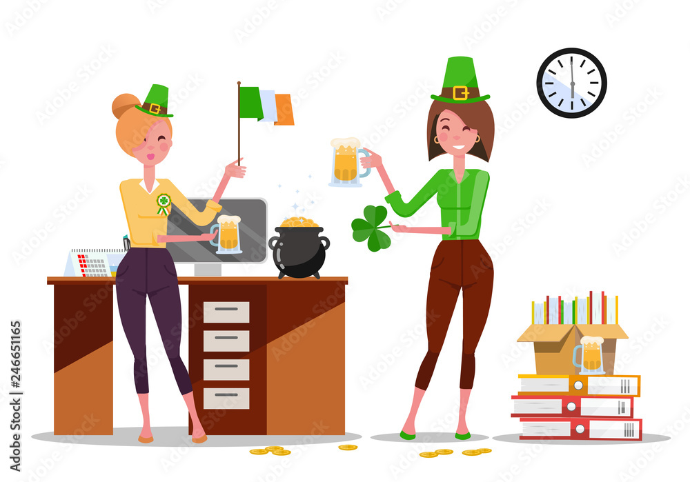 Two young women office workers celebrate St. Patrick's Day at workplace with beer mugs, Ireland flag in hands. Piles of paper documents, beer mugs, Gold Coins on desk. Flat cartoon vector illustration