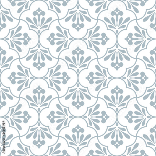 Flower geometric pattern. Seamless vector background. White and blue ornament. Ornament for fabric, wallpaper, packaging, Decorative print