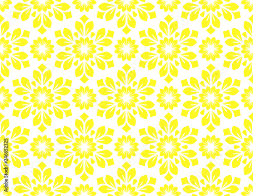Flower geometric pattern. Seamless vector background. White and yellow ornament. Ornament for fabric  wallpaper  packaging. Decorative print