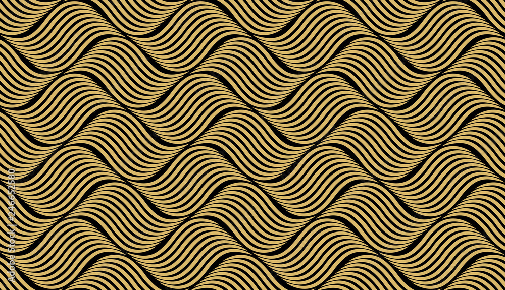 The geometric pattern with wavy lines. Seamless vector background. Black and gold texture. Simple lattice graphic design The geometric pattern with wavy lines. Seamless vector background. Black and gold texture. Simple lattice graphic design