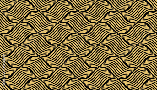 The geometric pattern with wavy lines. Seamless vector background. Black and gold texture. Simple lattice graphic design