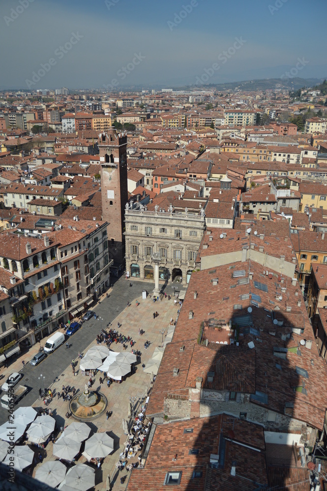Piazza Delle Erbe Square Seen From The Dei Lamberti Tower In Verona. Travel, holidays, architecture. March 30, 2015. Verona, Veneto region, Italy.