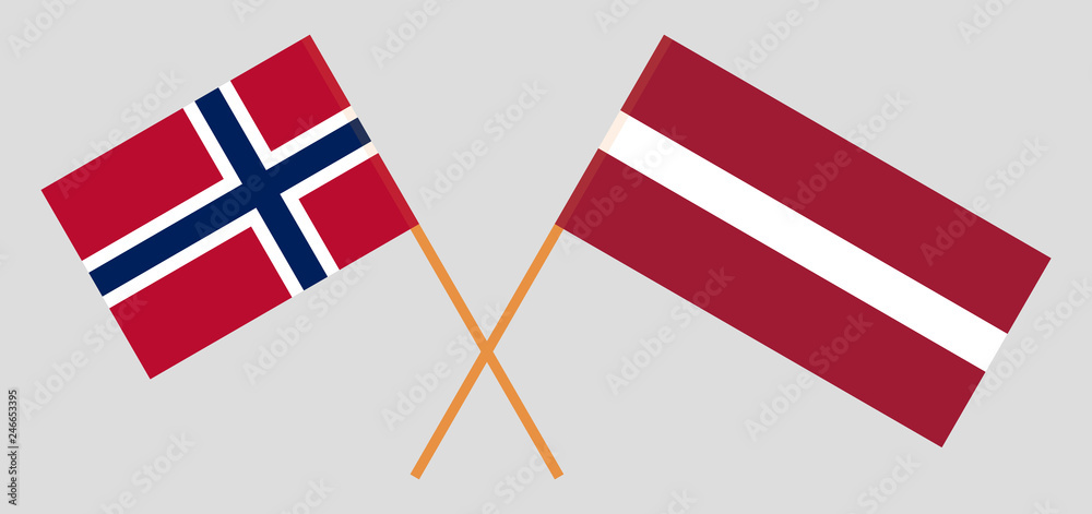 Latvia and Norway. The Latvian and Norwegian flags. Official colors. Correct proportion. Vector