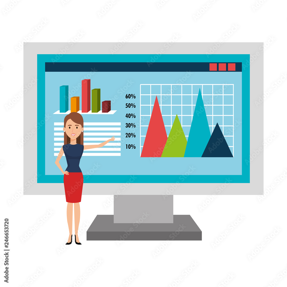 elegant businesswoman with desktop and statistics