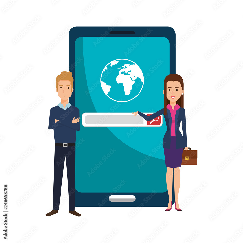 business couple with smartphone and world planet business couple with smartphone and world planet