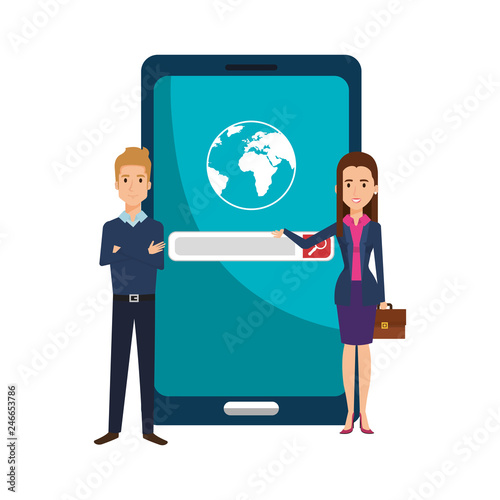 business couple with smartphone and world planet