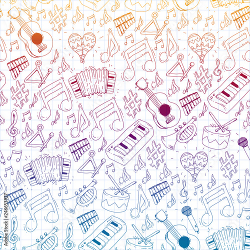Music background for patterns. Vector illustration with musical instruments.