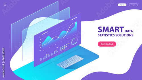 Isometric Concept of Smart Data Statistics Solutions. Landing Page Concept Template. Charts and analyzing statistics. Vector EPS 10