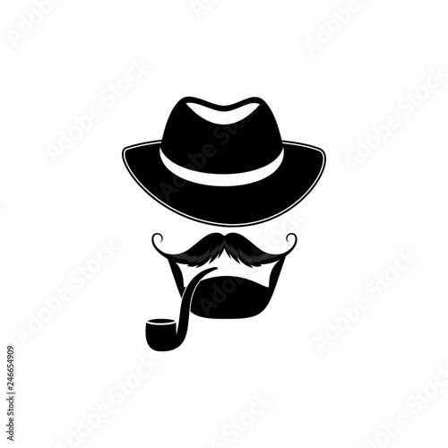 Bearded man with a hat and a pipe. Detective. Sleuth. Barbershop logo