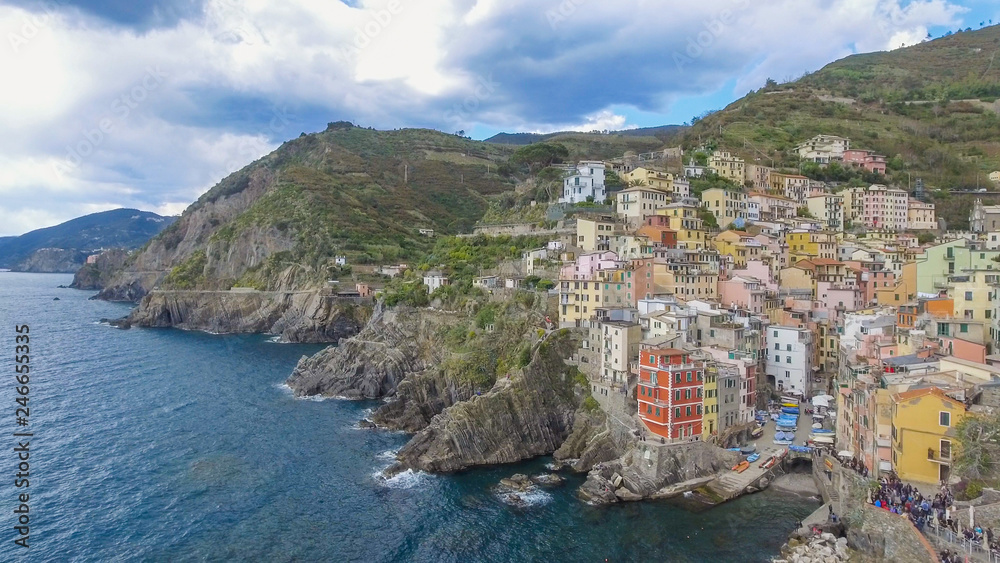 Riomaggiore, Five Lands. Aerial view at sunset