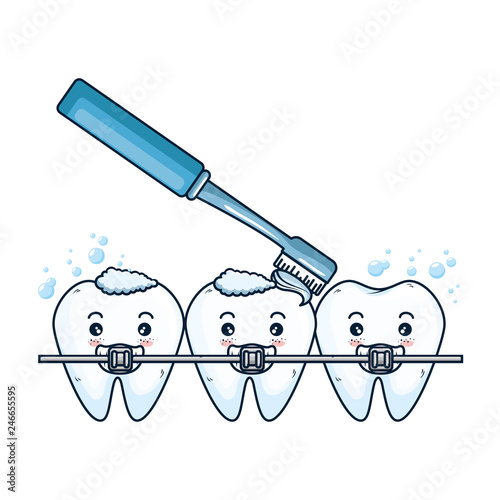 comic teeth with brush and orthodontics characters