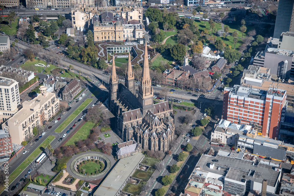 Aerial view of St Patrick Cathedral in Melbourne, Australia