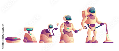 Vector evolution of robots, technological revolution from primitive wheeled vacuum cleaner to humanoid cyborg. Cartoon collection of home appliance isolated on white background.Artificial intelligence