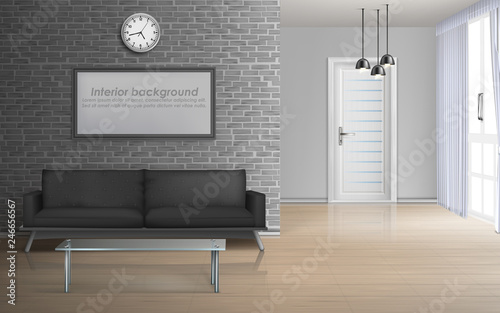 Fototapeta Naklejka Na Ścianę i Meble -  House living room, apartment hall interior in minimalistic style 3d realistic vector mockup with coffee table and sofa, blank paintings frame on brick wall illustration. Comfortable home background