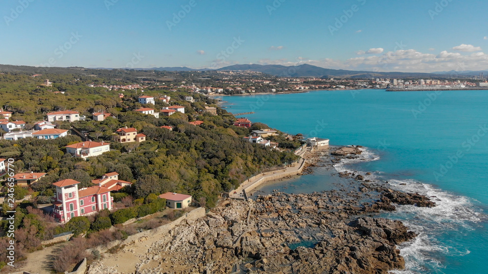 Aerial view of Castiglioncello coastline on a winter sunny day, Italy