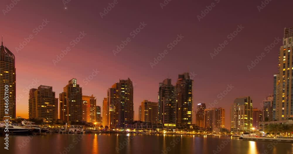 Dawn in the Dubai Marina area in United Arab Emirates. Time Lapse. Dawn in the Dubai Marina area in United Arab Emirates. Time Lapse.