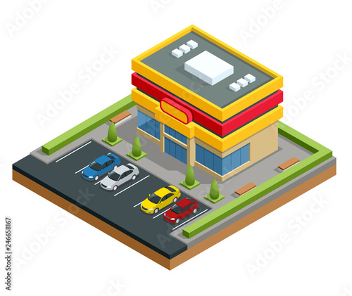 Isometric shopping mall or store. Parking and shopping in city vector illustration