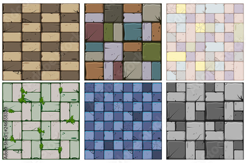 Set of six stone textures.Texture of old stone tiles, seamless background stone wall and grass. Vector illustration for user interface of the game element. 2 of 2