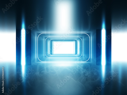 In the background - an empty tunnel, the room is lit by neon light. Background of empty space. Concrete coating, laser square figure in the center of the room. 3d illustration