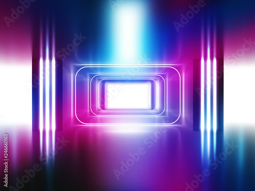 In the background - an empty tunnel, the room is lit by neon light. Background of empty space. Concrete coating, laser square figure in the center of the room. 3d illustration