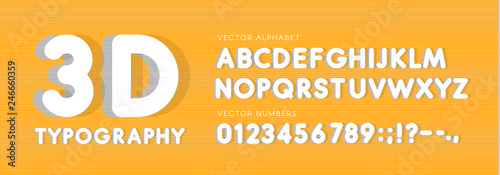 3D rounded vector letters and numbers set. Big headline style latin alphabet. White voluminous vector font. ABC with shadows. Monogram and poster template. Typography design.