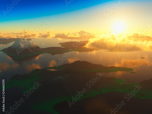 Dramatic sunset mountain valley 3d rendering background