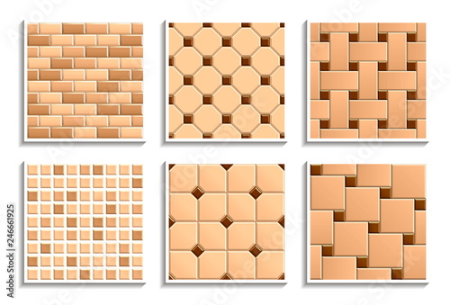 Set of seamless floor and wall tiles textures. Vector repeated patterns of mosaic, subway, brick, hopscotch, octagon, dot, basketweave photo