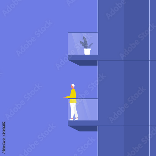 Building with balconies, side view. A male character standing on a terrace. Real estate development. Architecture. Flat editable vector illustration, clip art