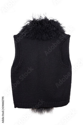 Vest isolated. Black women vest with a large fur collar isolated on a white background. Woman fashion. Back view.