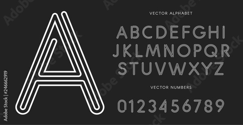 Line letters and numbers set on black background. Monochrome vector latin alphabet. Lacing white font. Rope ABC, maze monogram and poster template. Typography design.