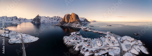 Tableau sur toile Panorama aerial view of archipelago of arctic ocean with fishing village in wint