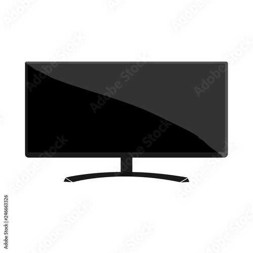Ultra wide black monitor on stand. Flat Design. Large Screen. Computer components. Isolated on white background. Vector illustration.