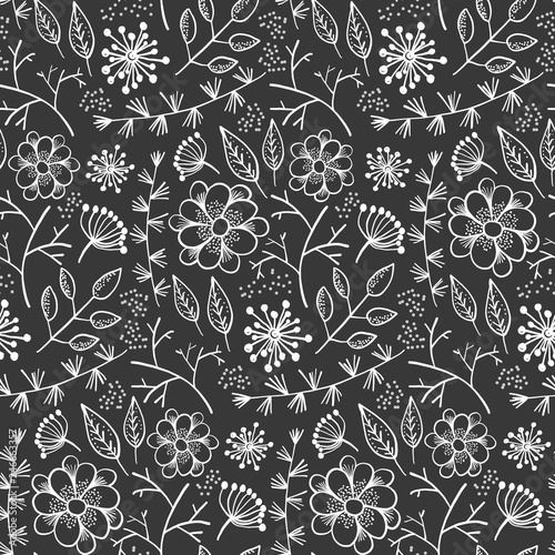 Wallpaper Mural Monochrome floral seamless pattern with outline doodle white flowers and leaves on black background. Lovely floral texture with blossoms and herbs for textile, wrapping paper, surface, wallpaper Torontodigital.ca