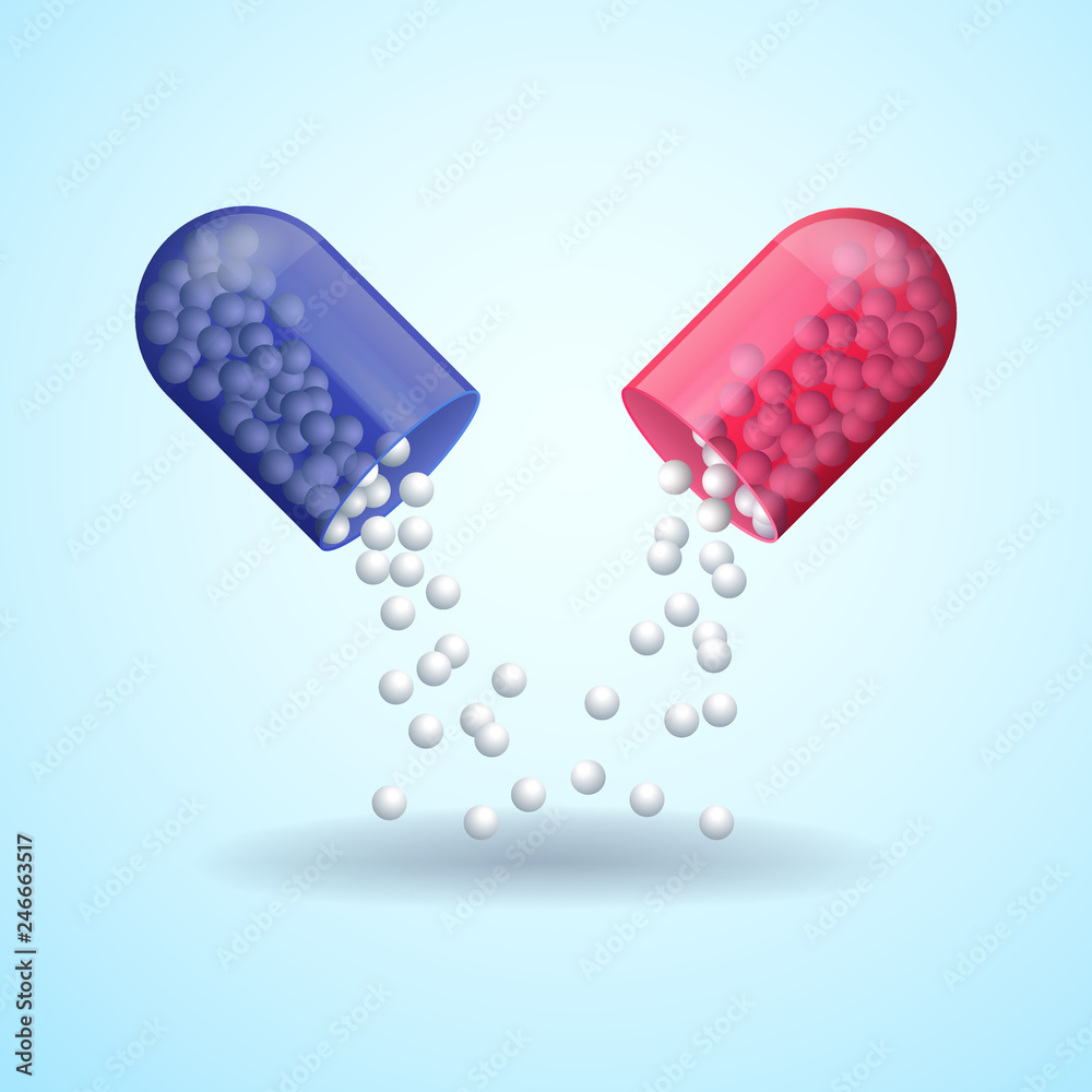 Red and blue full medical pill capsule with molecules Red and blue full medical pill capsule with molecules
