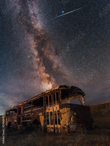 Beautiful night  landscape with Milky Way and old bus.  Armenia photo