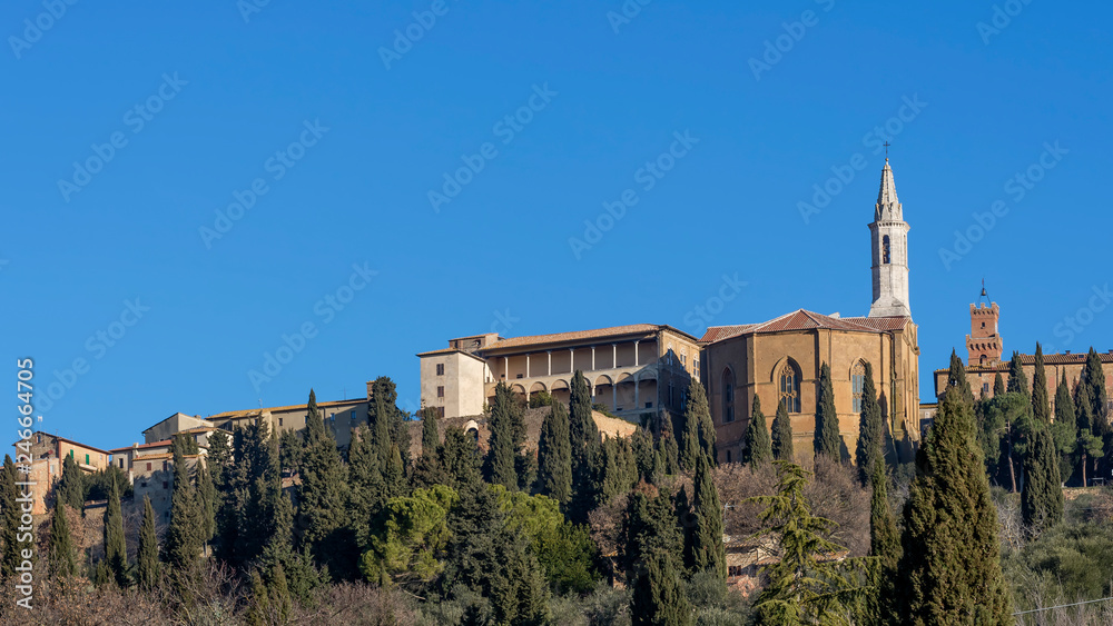 Panoramic view of the historic center of Pienza from below, Siena, Tuscany, Italy