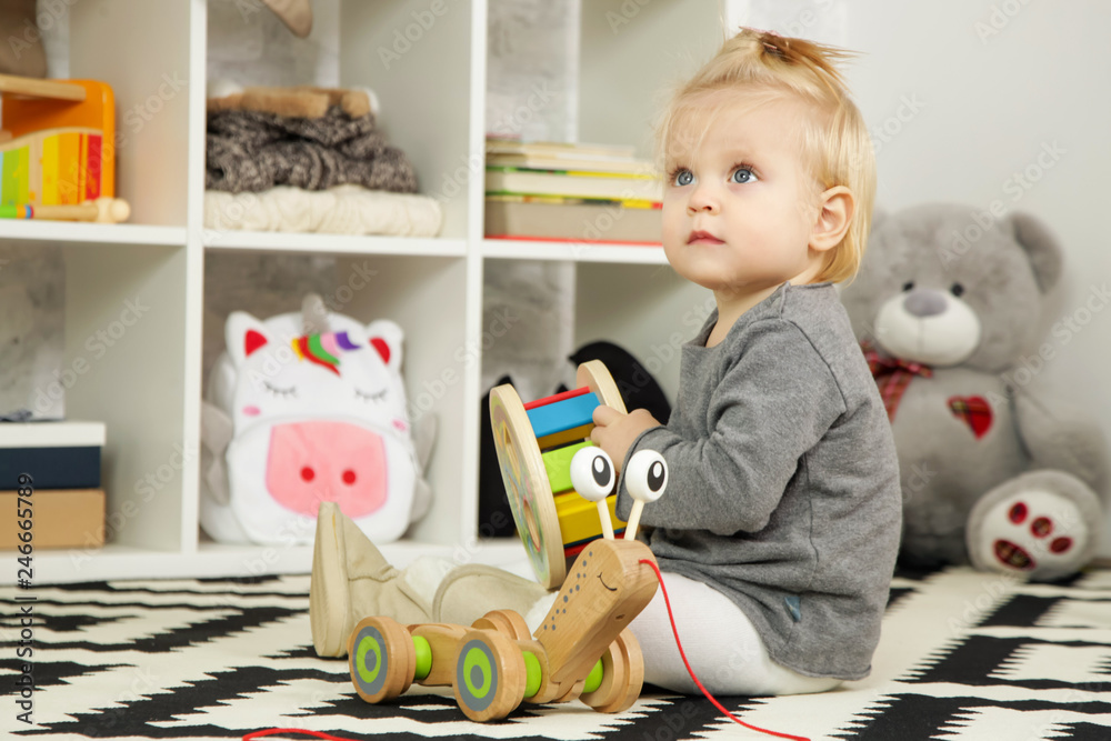 Portrait of a cute baby girl playing with an educational toy in the playroom
